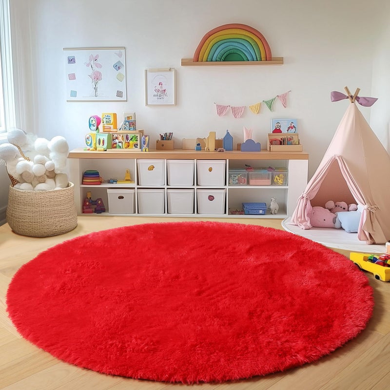 ONASAR Red Round Area Rug 4ft, Soft Bedroom Circle Rugs Floor Mat for Kids Girls Teen Room, Kawaii Fluffy Plush Shaggy Carpet for Nursery Living Room Playroom Christmas Home Decor Princess Castle - Image 5